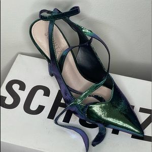 SCHUTZ Iridescent Green and Purple Strappy Heels